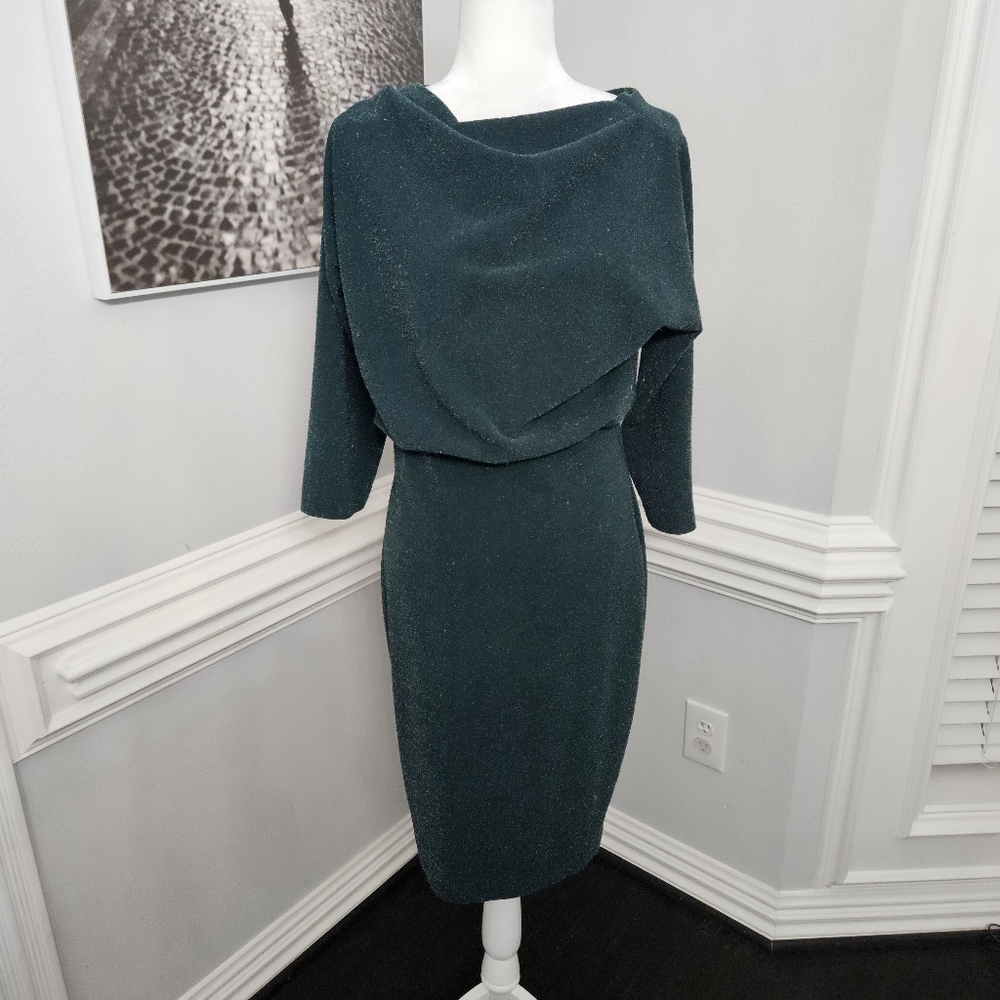 Badgley Mischka Teal Sparkle Draped Midi Dress